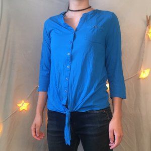 Jones New York Blue Tie Front Button Up Shirt